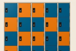 Blue and orange lockers.