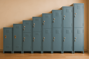 Navy lockers in different heights and sizes aligned by a wall