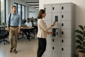 Woman using a digital locker in an office space